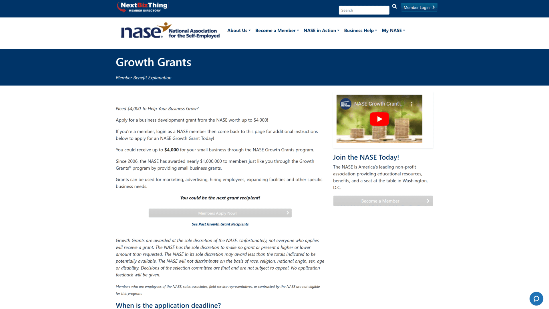 screenshot of the national association for the self employed NASE homepage