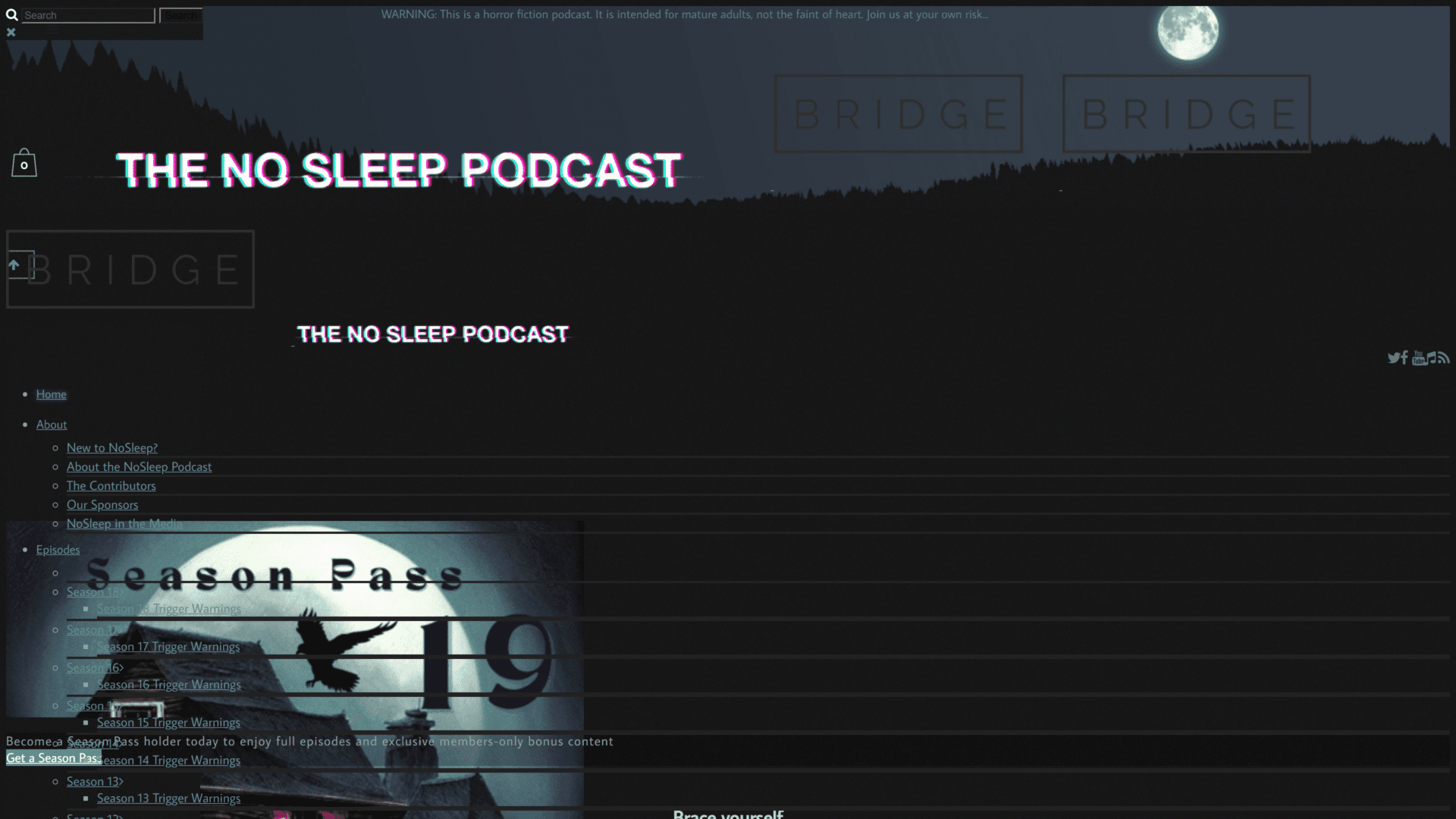 screenshot of the no sleep podcast homepage