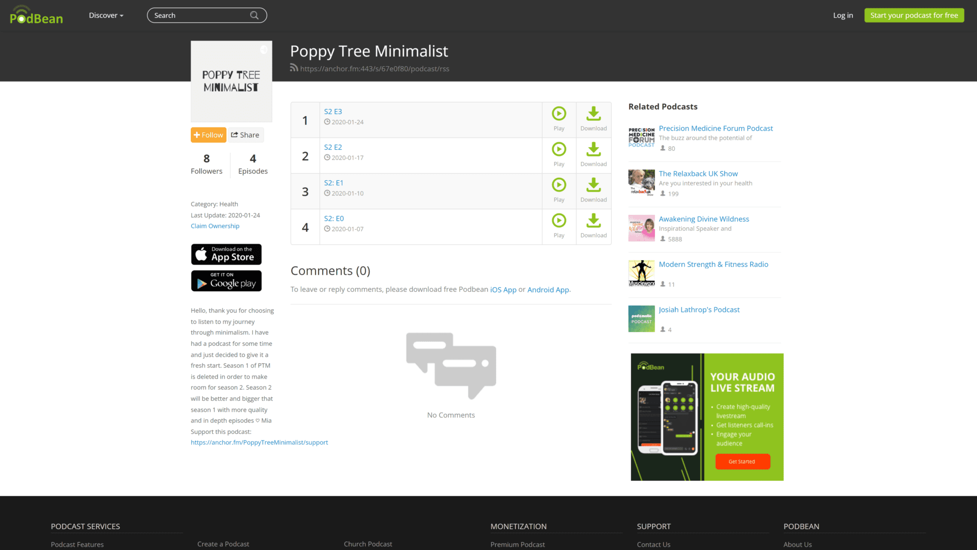 screenshot of the poppy tree minimalist podcast homepage