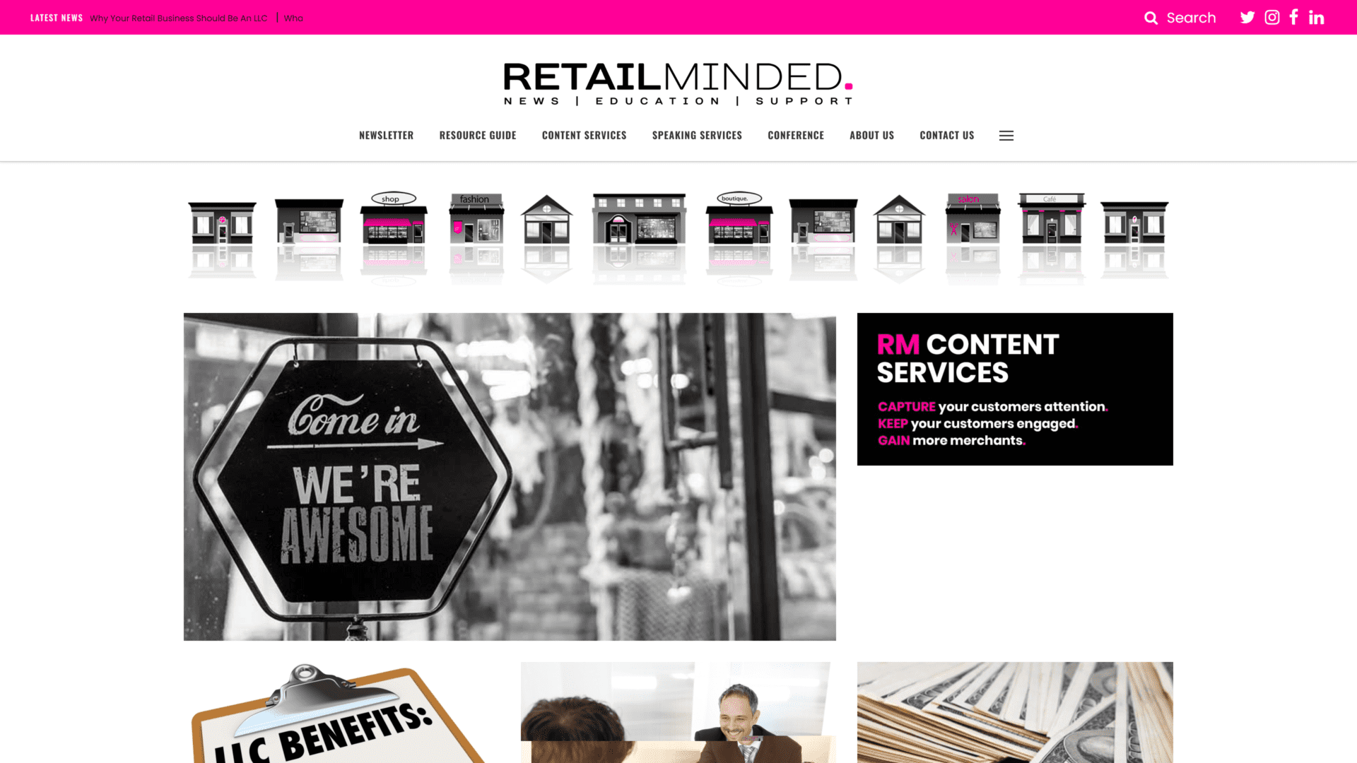 screenshot of the retail minded homepage
