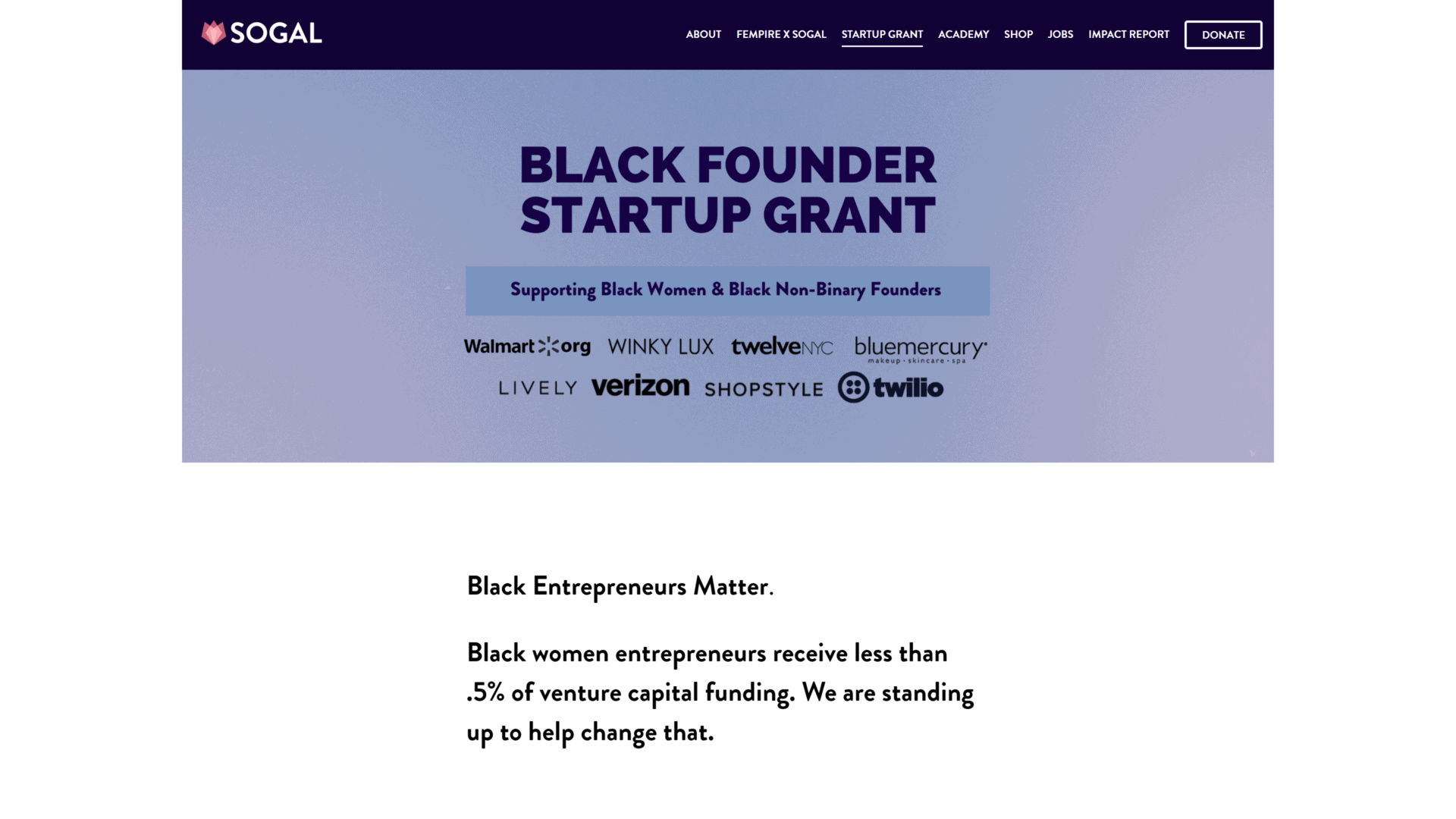 screenshot of the sogal balck founder startup homepage