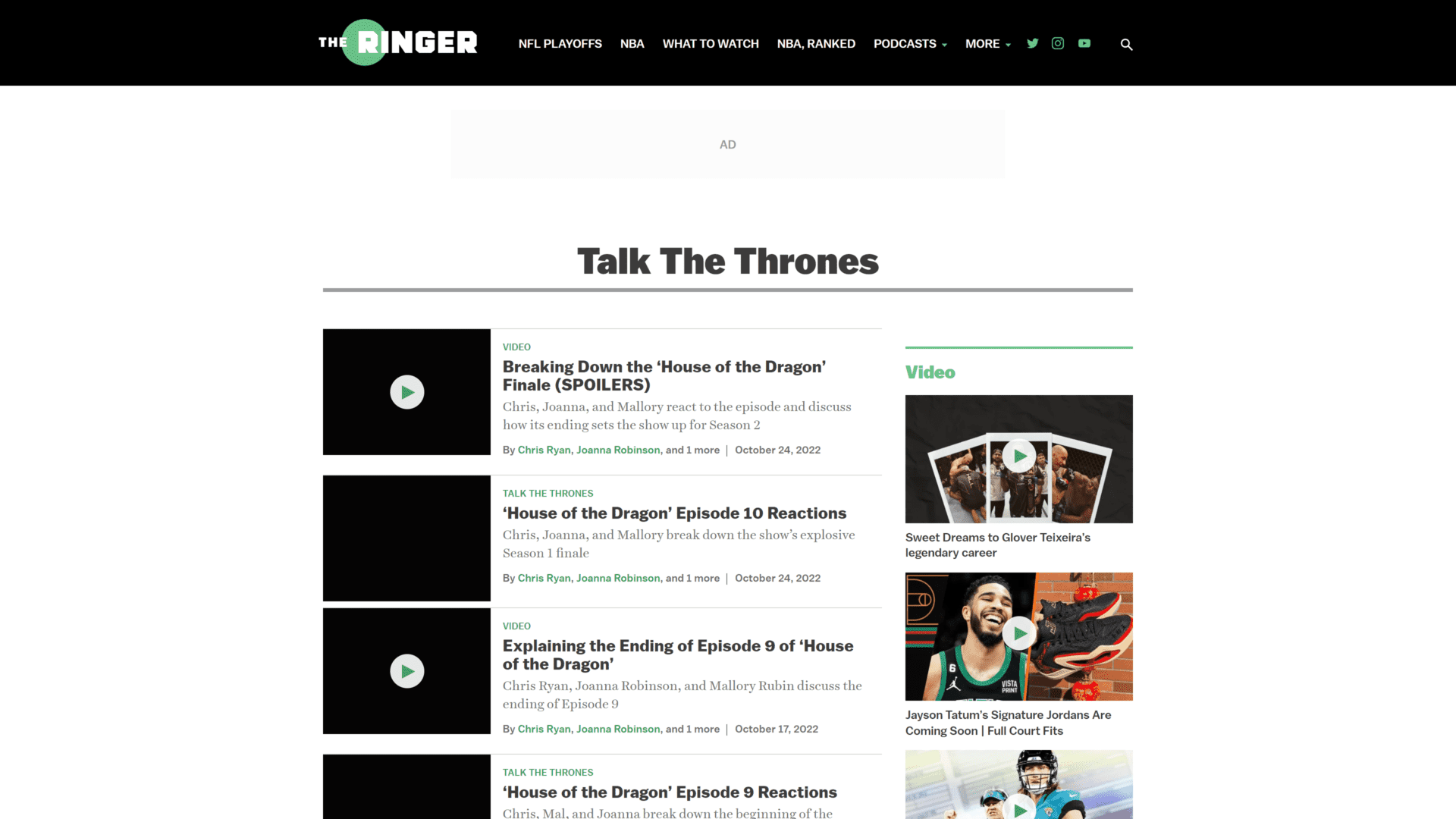 screenshot of the talk the thrones homepage