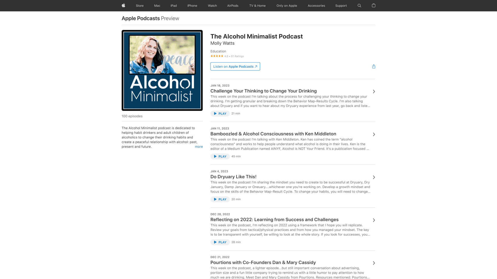 screenshot of the alcohol minimalist podcast homepage