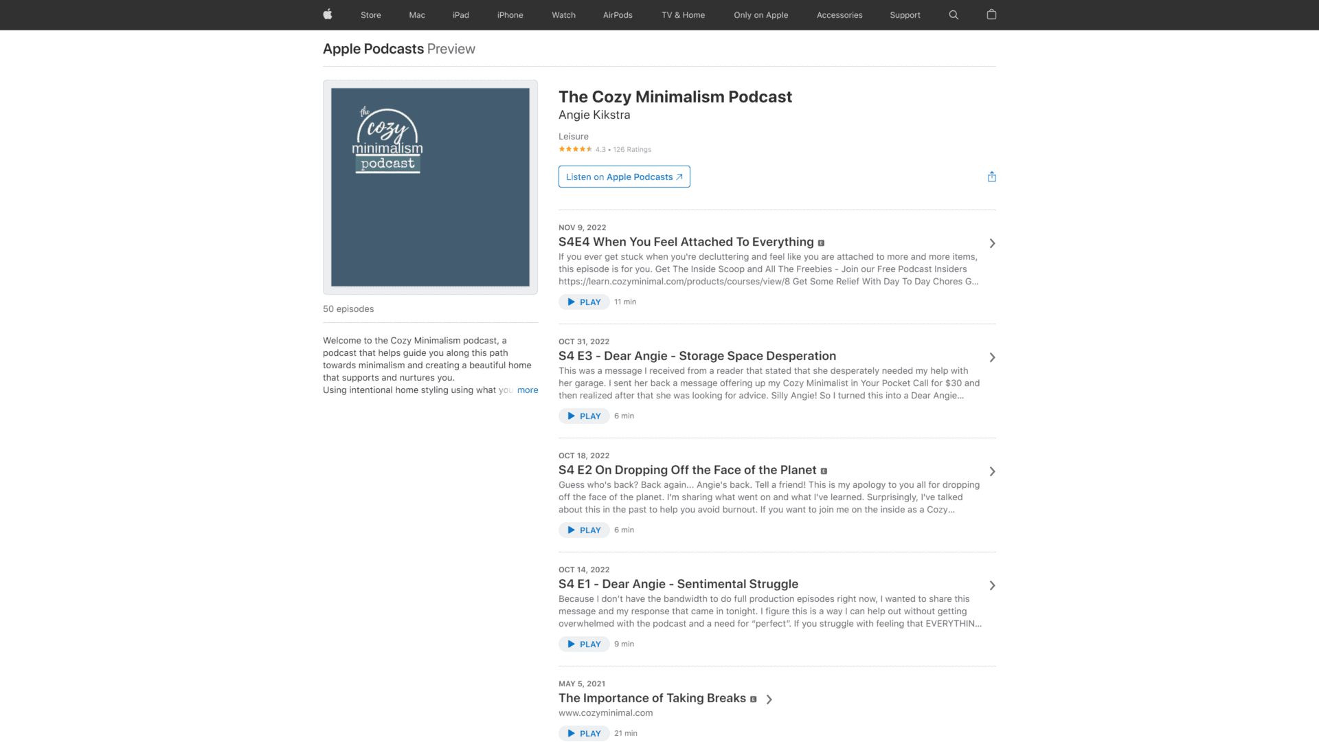 screenshot of the cozy minimalism podcast homepage