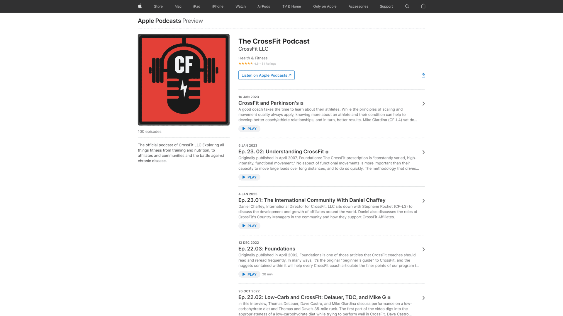 screenshot of the crossfit podcast homepage