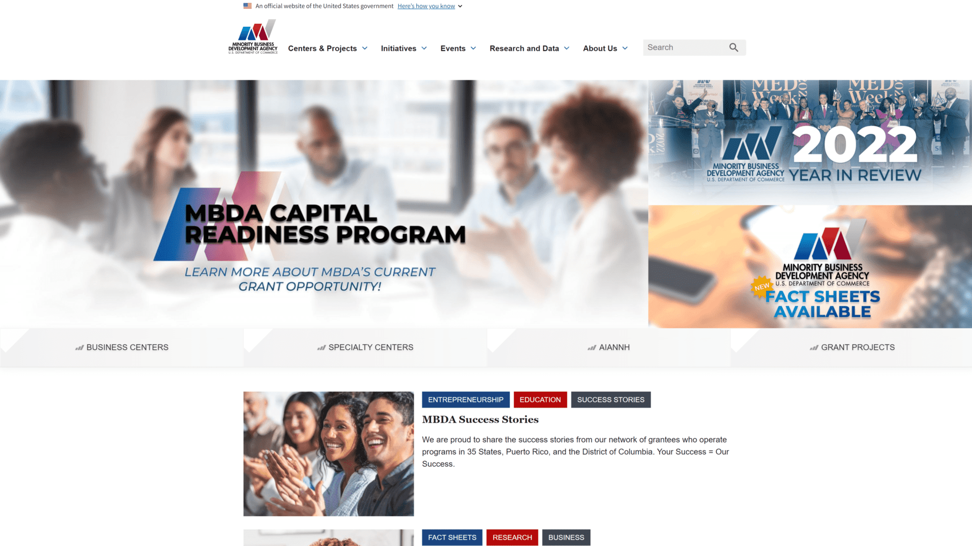 screenshot of the minority business development agency MBDA homepage
