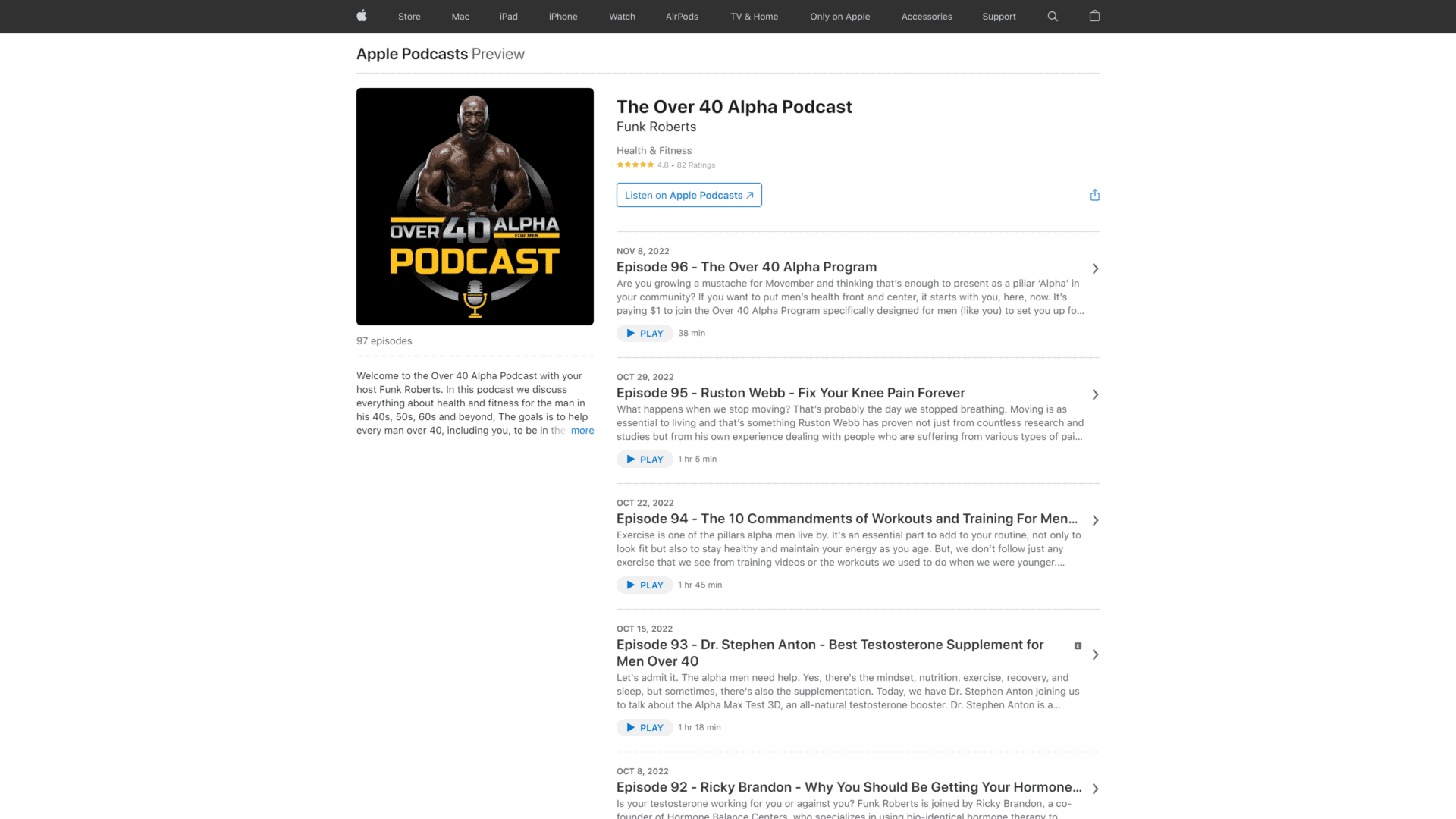 screenshot of the over 40 alpha podcast homepage