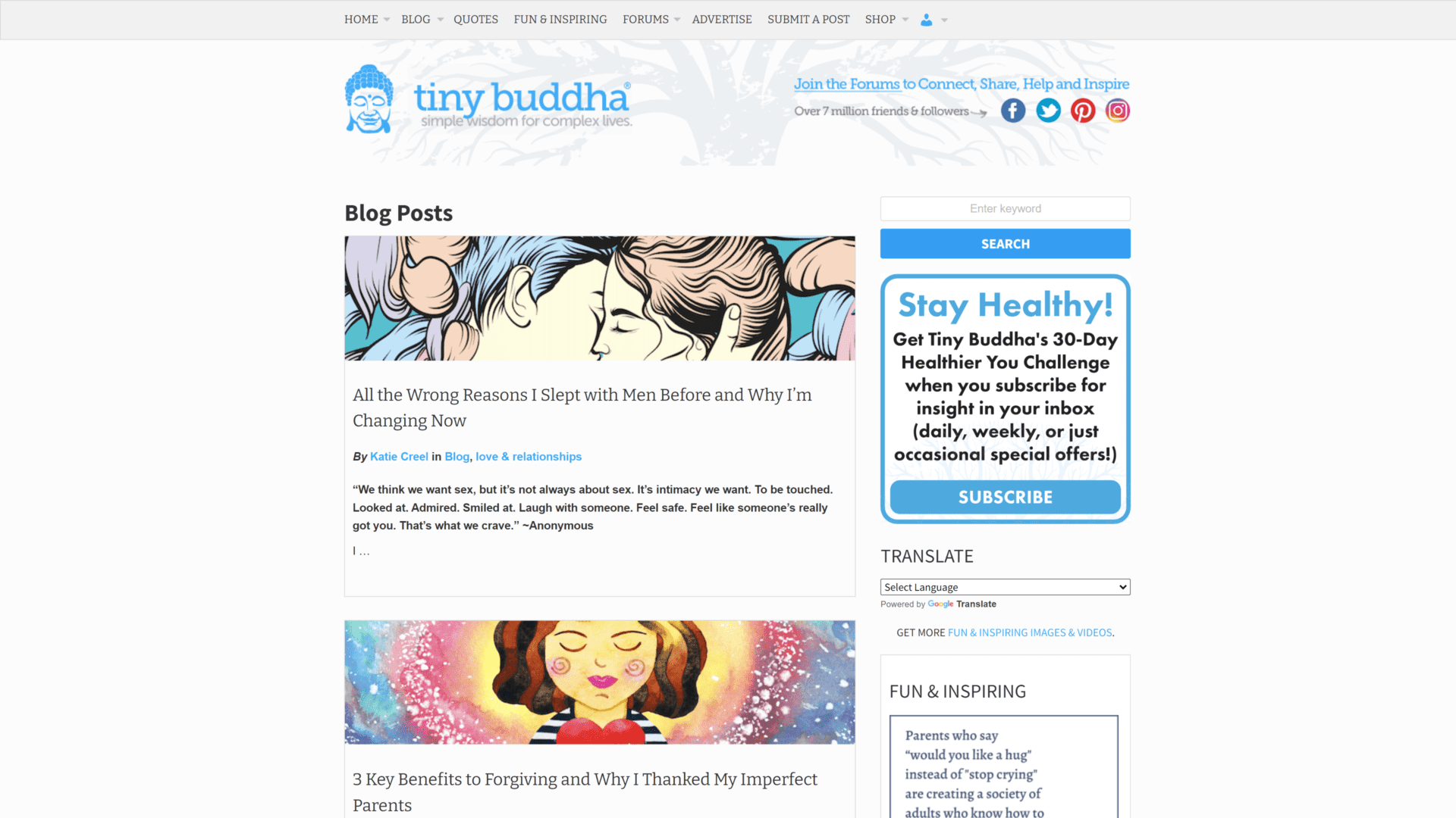 screenshot of the tiny buddha coaching blog homepage
