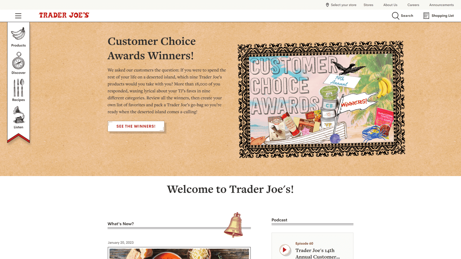 screenshot of the trader joes homepage