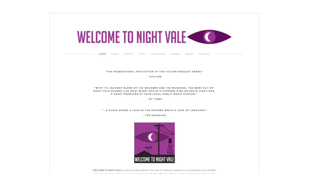 screenshot of the welcome to night vale homepage