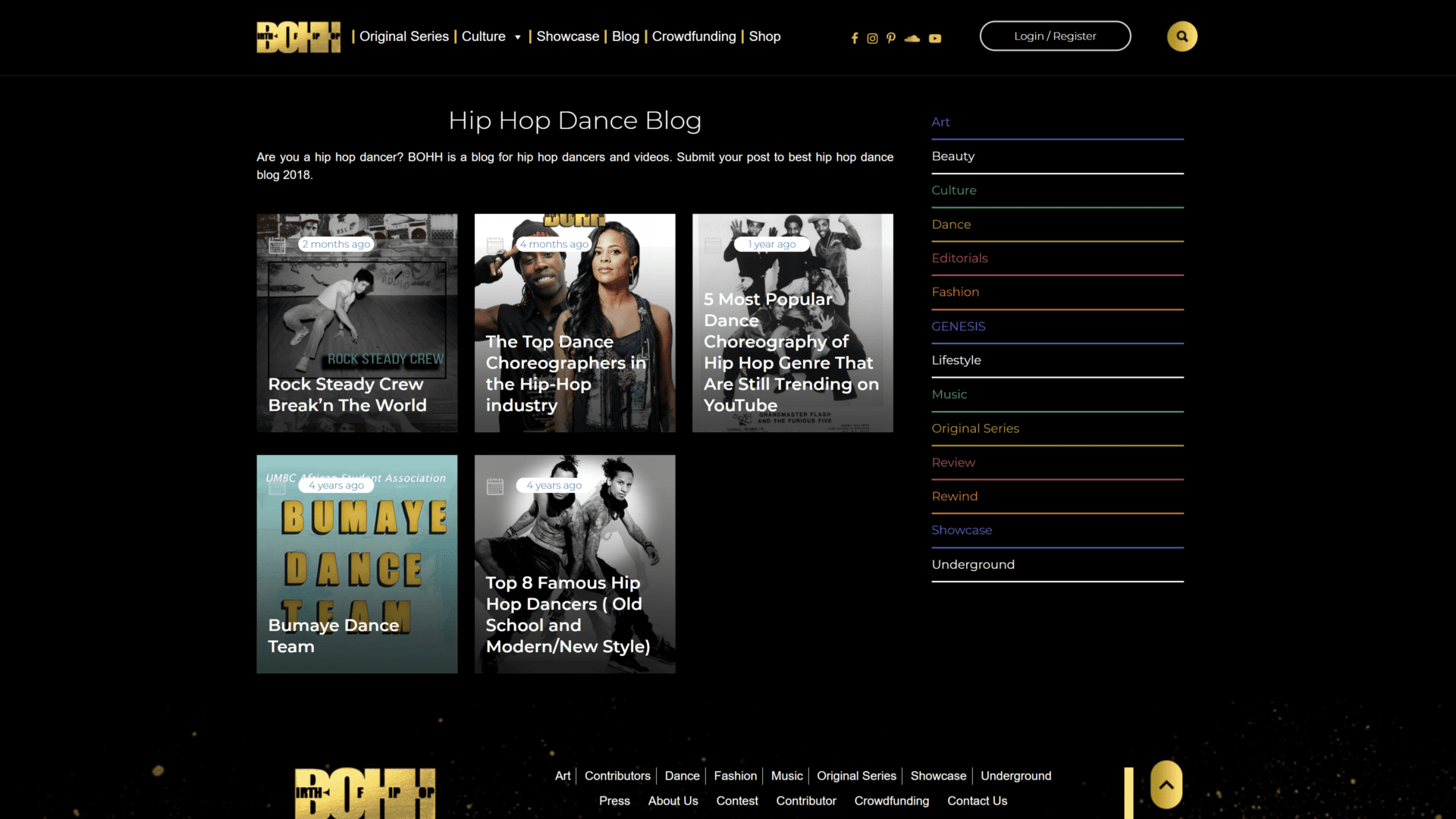 screenshot of the birth of hip hop homepage