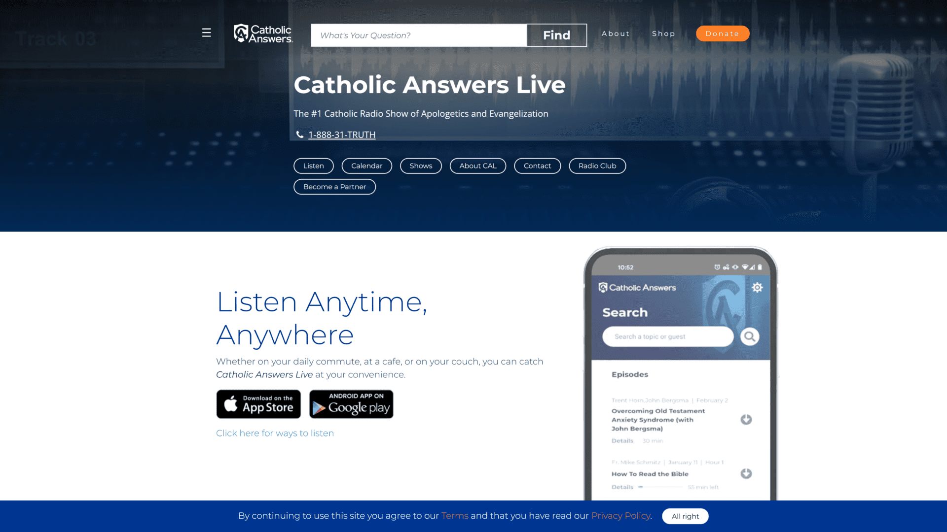 A screenshot of the catholic answer live homepage