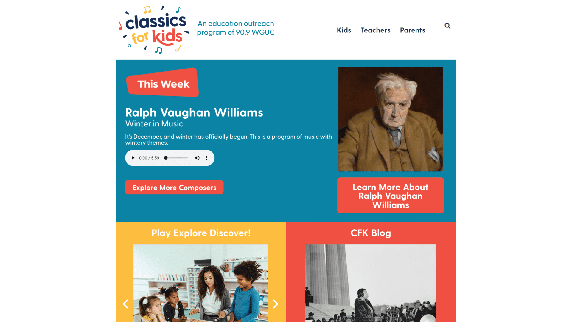 A screenshot of the classics for kids homepage