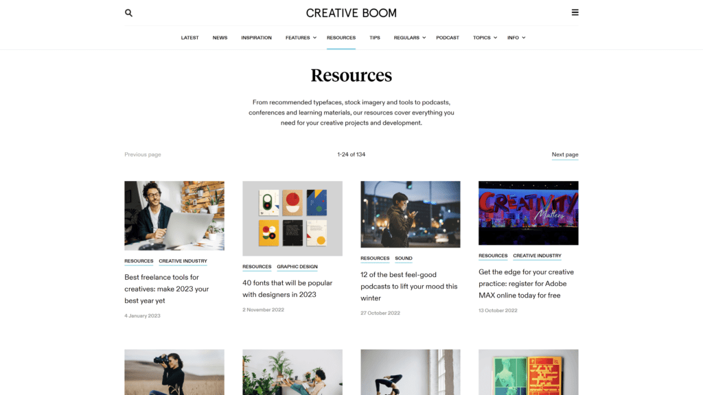 a screenshot of the creative boom homepage