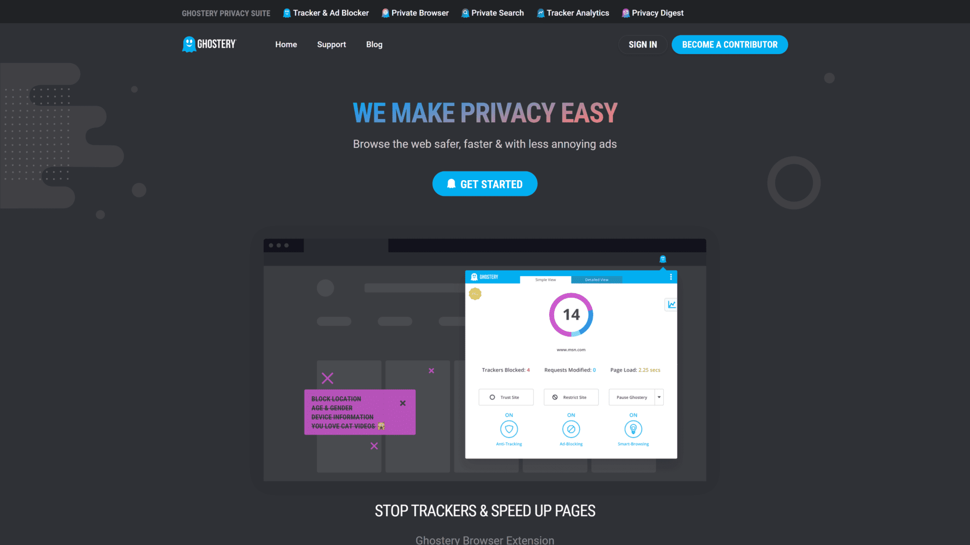 A screenshot of the ghostery homepage