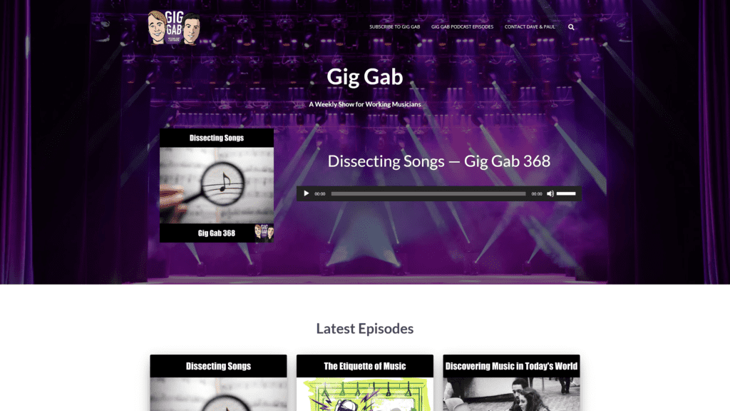 screenshot of the gig gab podcast homepage