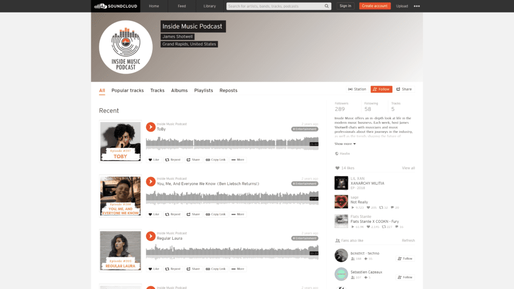 screenshot of the inside music podcast homepage