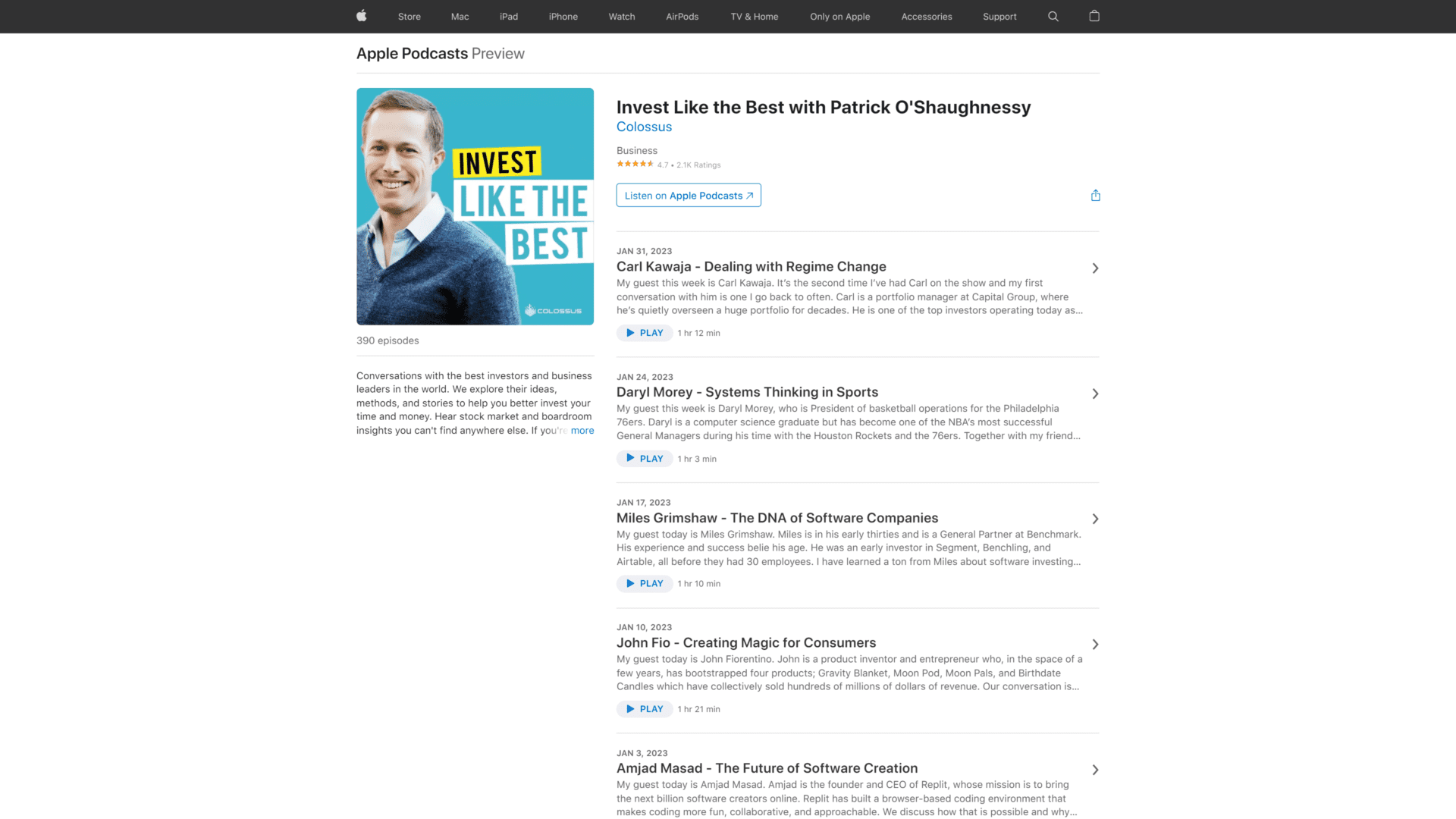 A screenshot of the Invest like the best podcast homepage