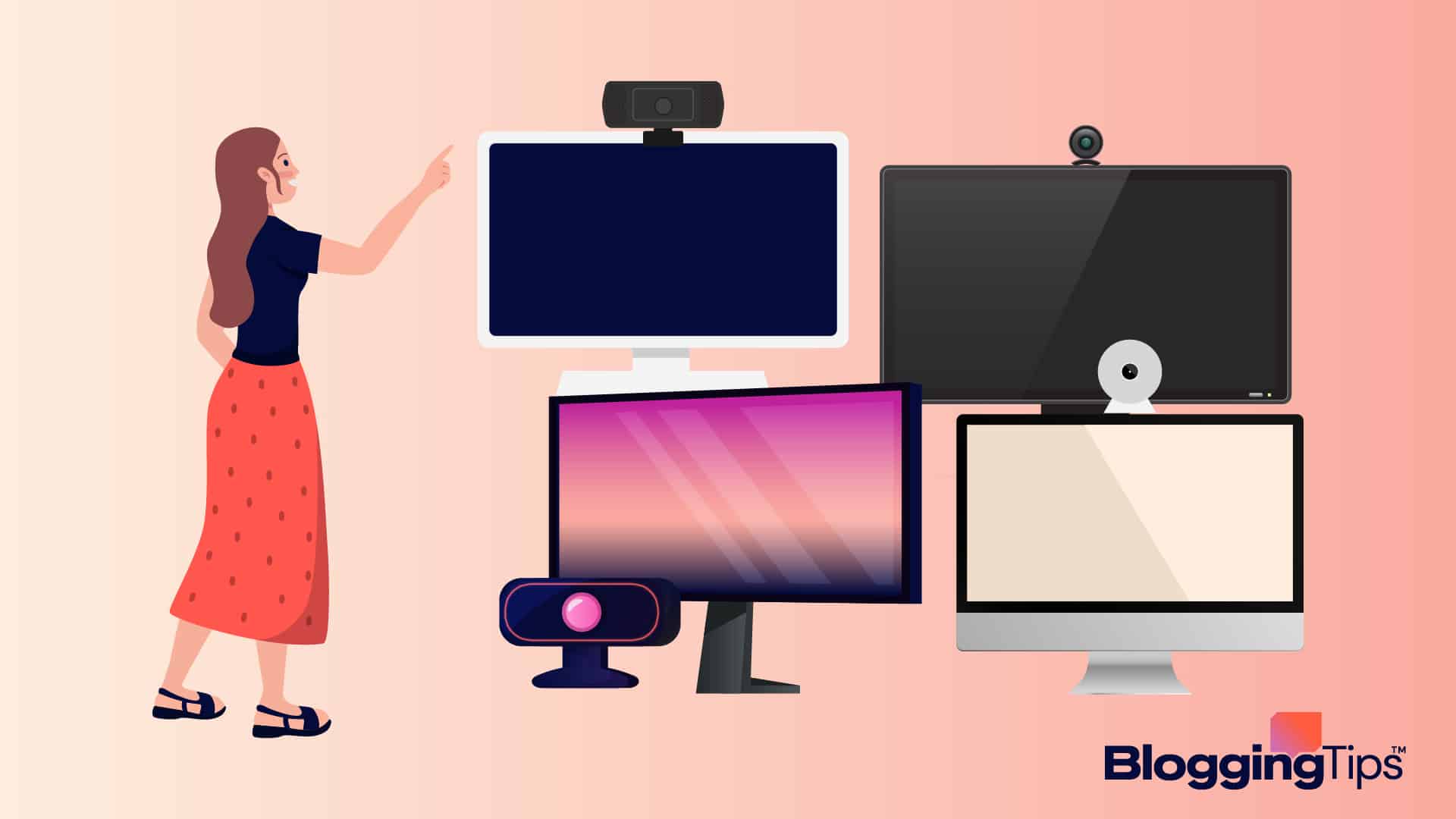 vector graphic showing an illustration of a woman learning to monitor with a webcam