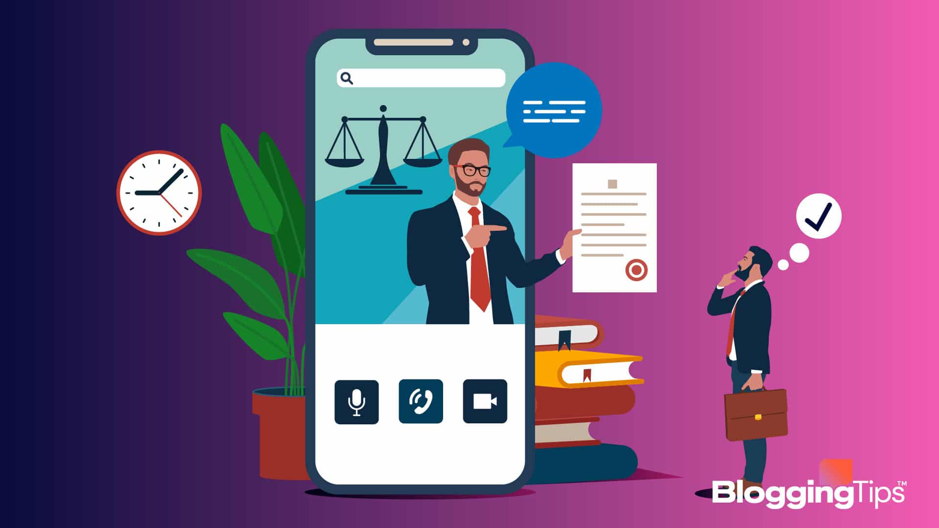 vector graphic showing an illustration of a person standing in front of a mobile phone with online legal services elements on the screen