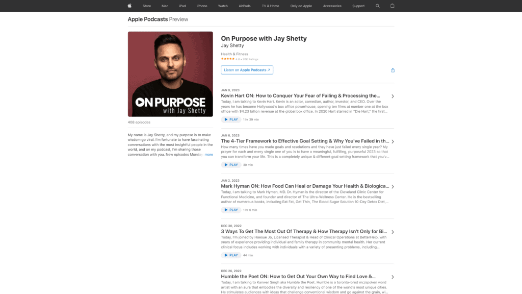 A screenshot of the on purpose with jay shetty homepage
