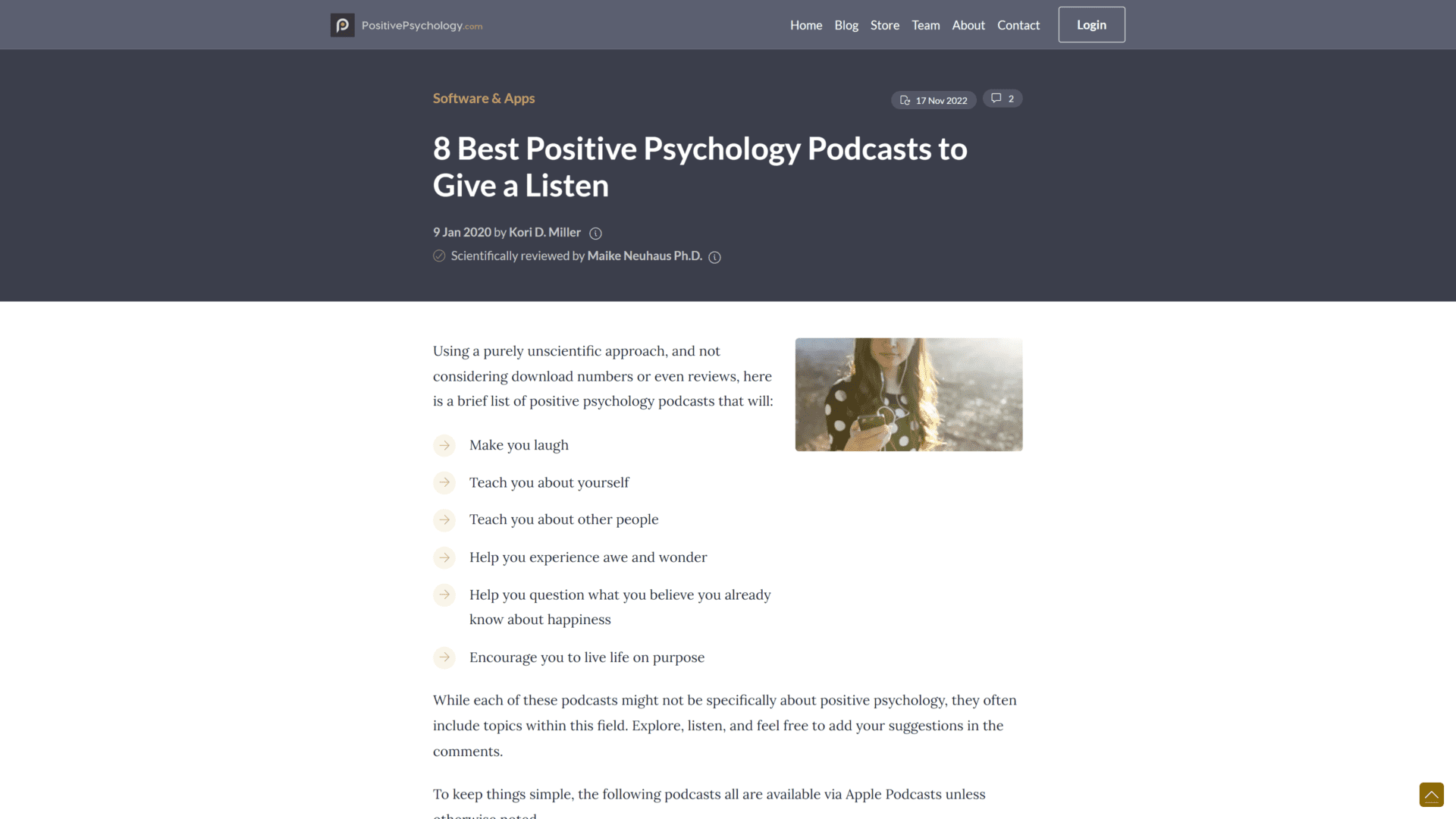 A screenshot of the positive psychology podcast homepage
