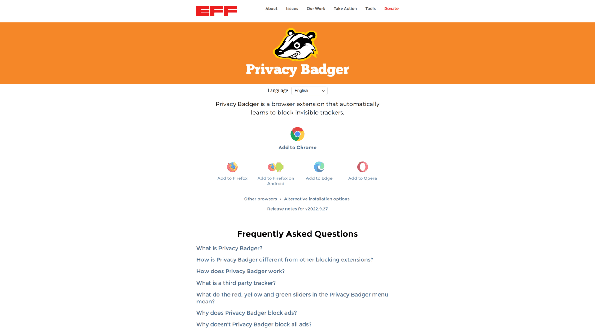 A screenshot of the privacy badger homepage
