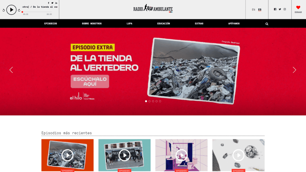 A screenshot of the radio ambulante homepage