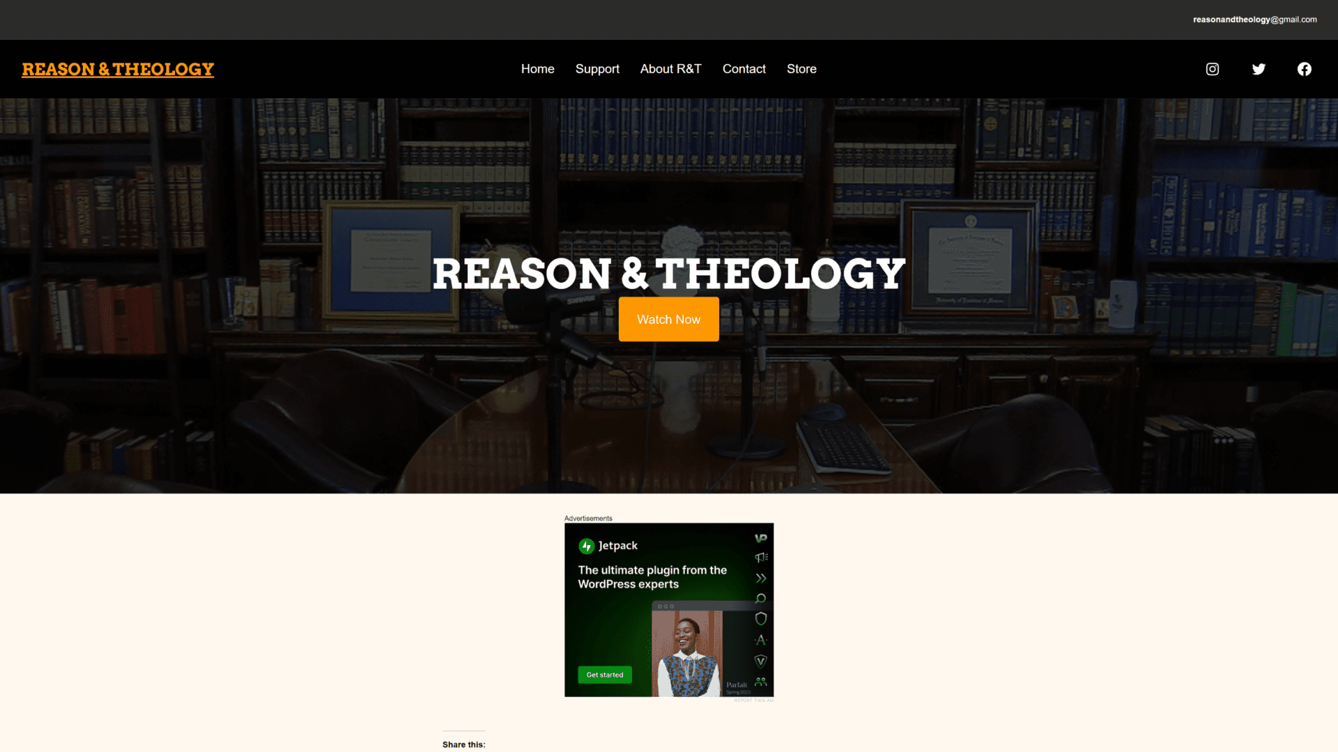 A screenshot of the reason and theology homepage