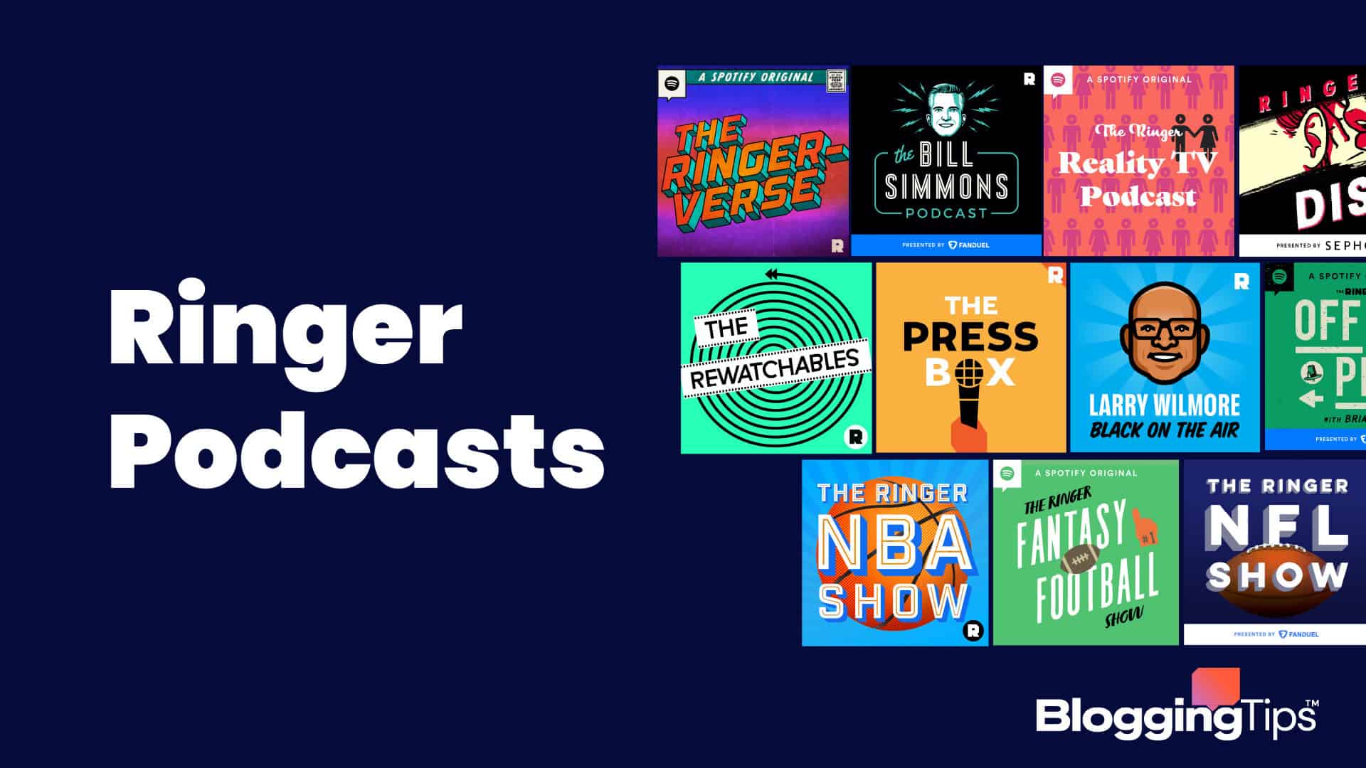 vector graphic showing an illustration of the best Ringer Podcasts logos with the big block text 