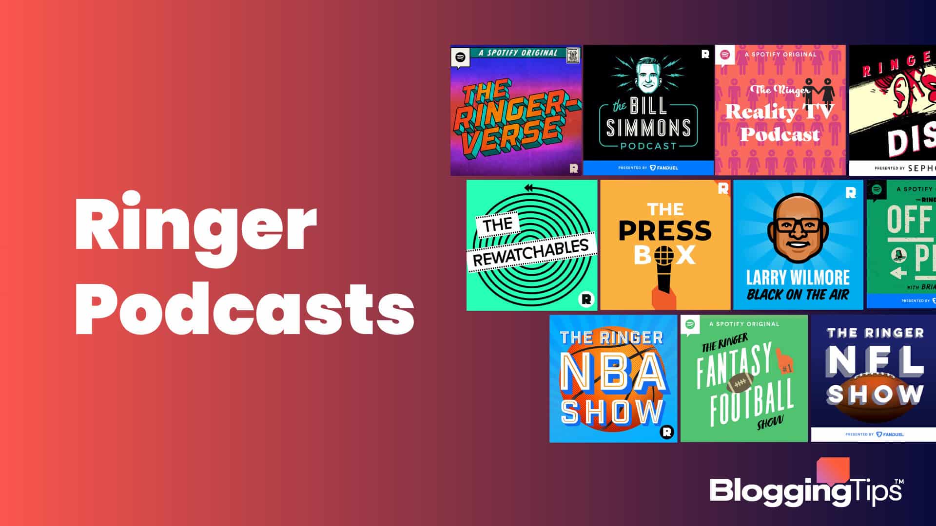 vector graphic showing an illustration of the best Ringer Podcasts logos with the big block text 