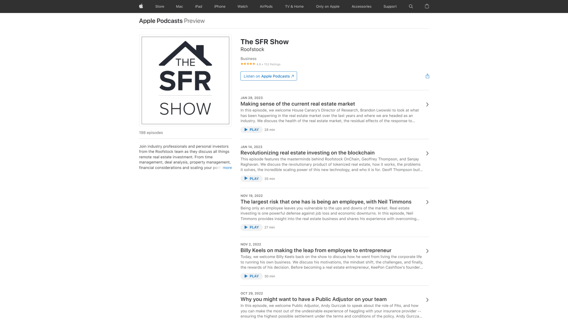 A screenshot of the SFR show homepage