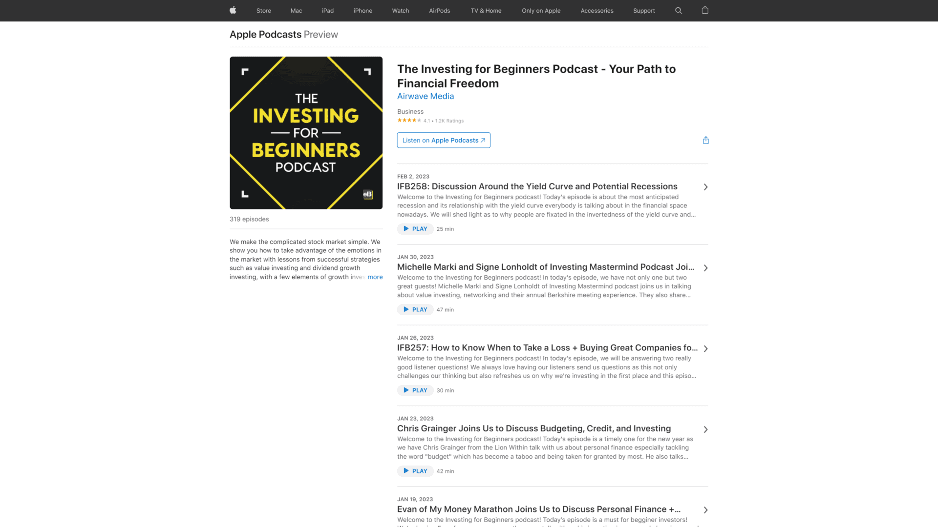 A screenshot of the investing for beginners podcast homepage
