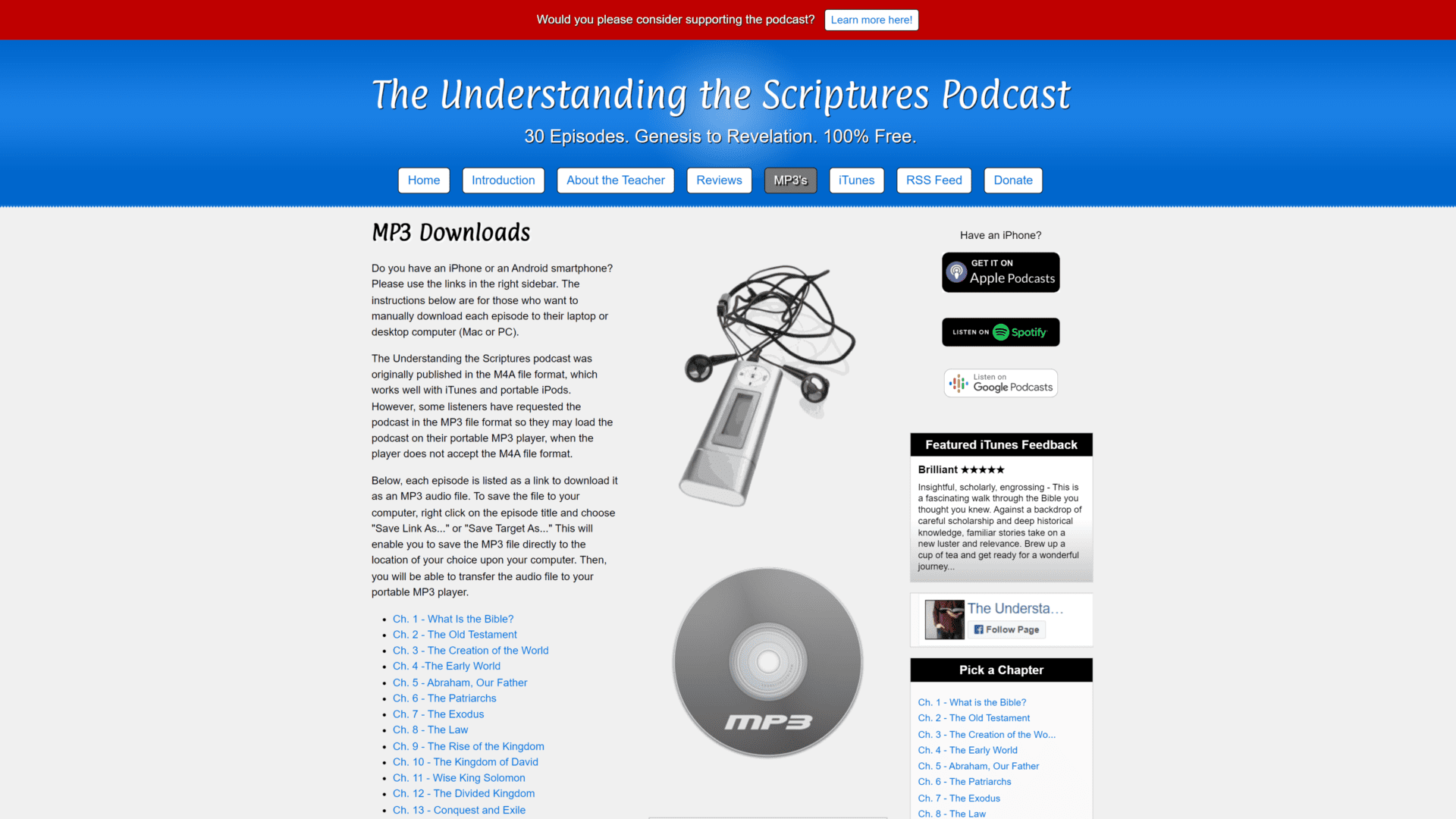 A screenshot of the understanding the scriptures podcast homepage