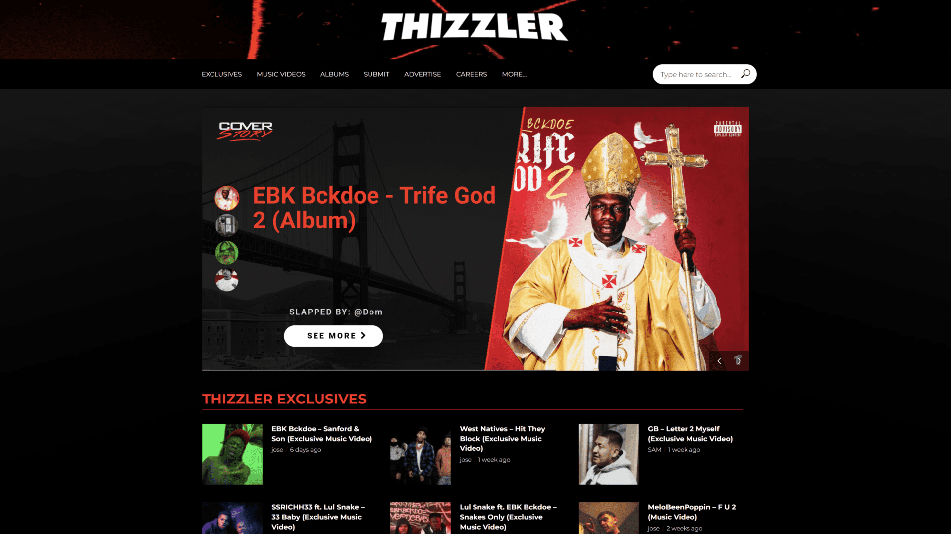 screenshot of the thizzler homepage