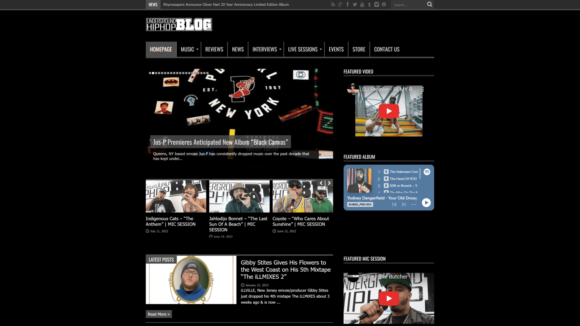 screenshot of the underground hip hop blog homepage