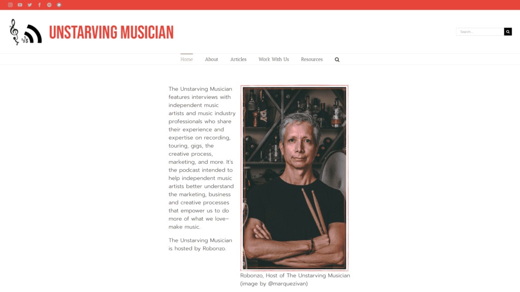 screenshot of the unstarving musician homepage