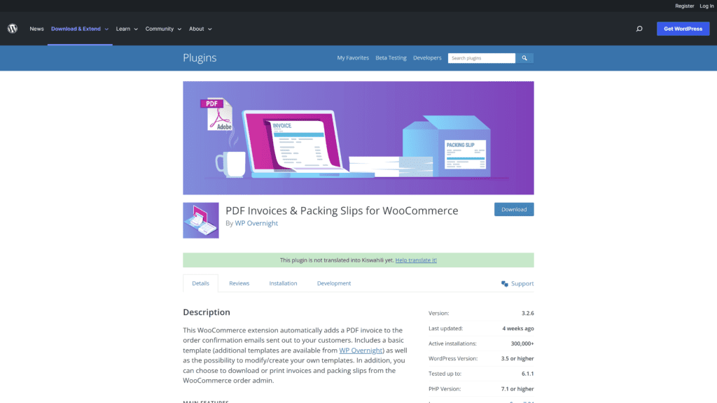 screenshot of the woocommerce PDF invoices and packing slips homepage