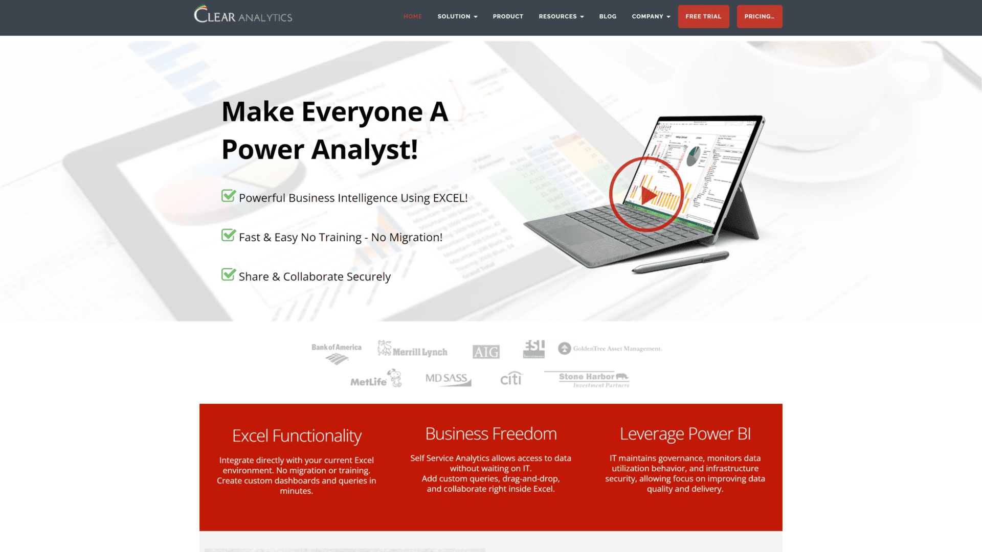 screenshot of the clear analytics homepage