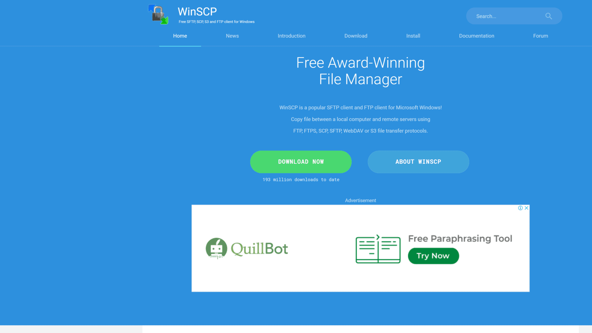 screenshot of the WinSCP homepage