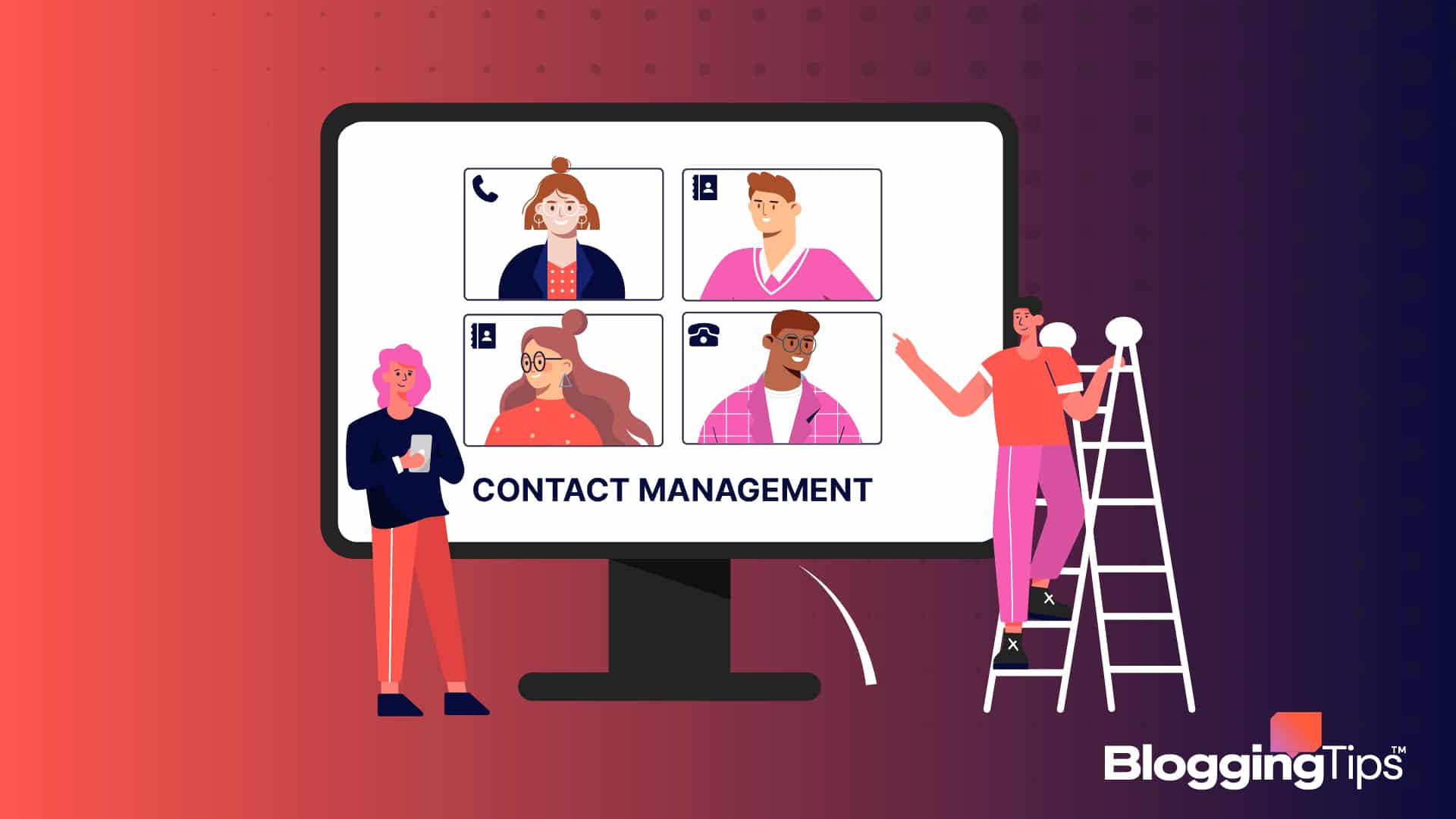 vector graphic showing an illustration of people learning how to use contact management software