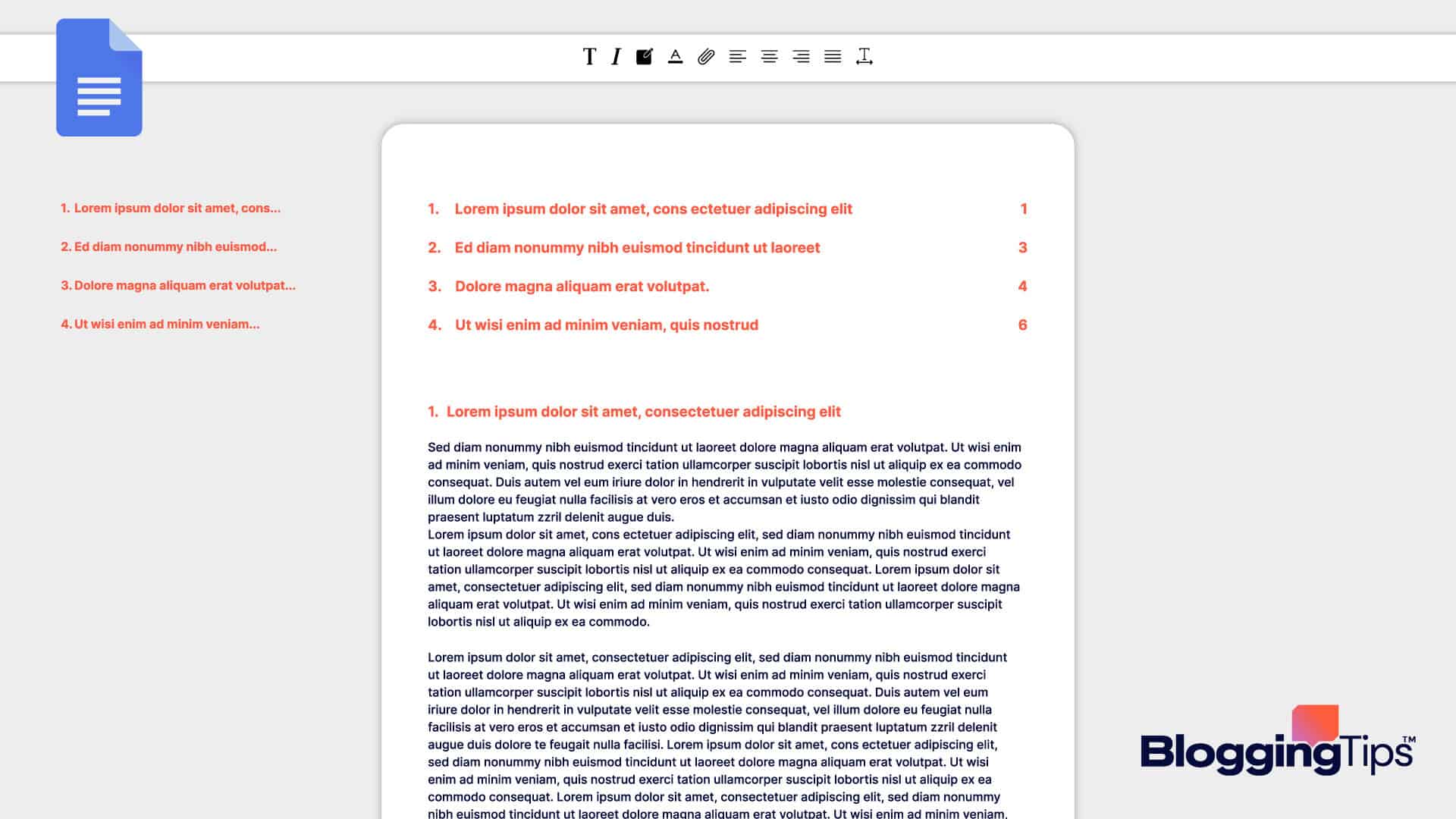 vector graphic showing an illustration of how to insert google docs table of contents on side