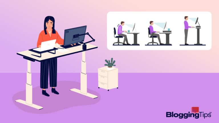 vector graphic showing an illustration of a woman using a standing desk converter