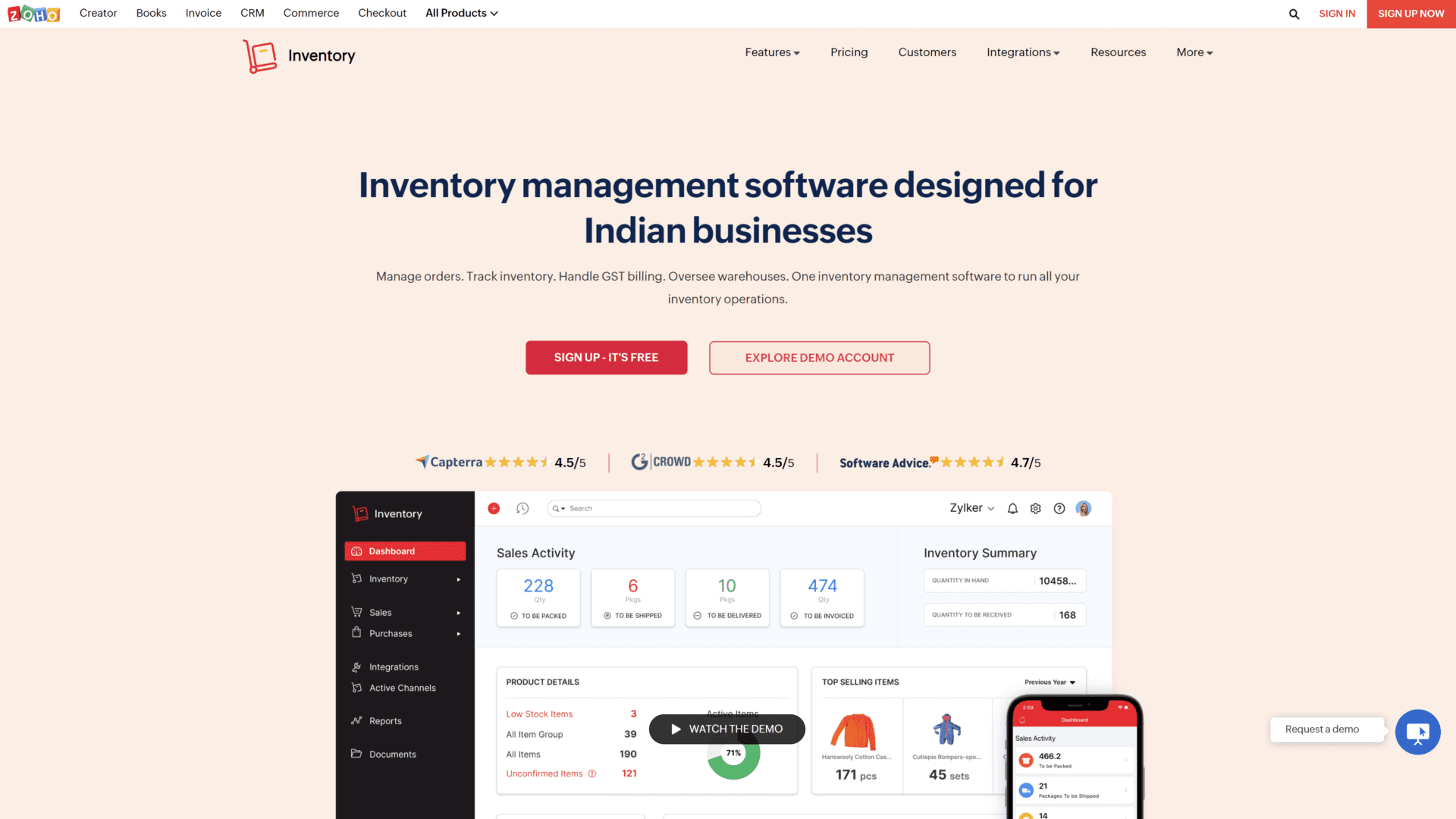 zoho inventory homepage screenshot 1