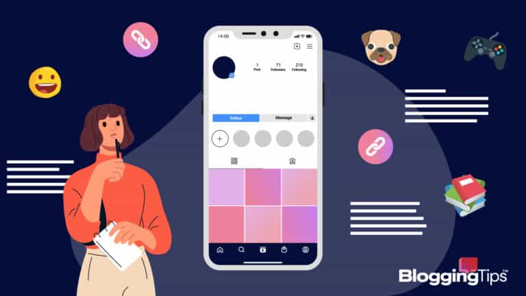 vector graphic showing an illustration of a woman thinking of ideas about Instagram bio