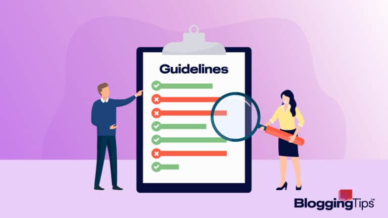 vector graphic showing an illustration of a woman and a man pointing out content guidelines
