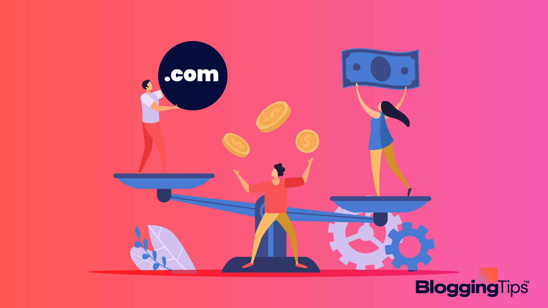 vector graphic showing an illustration of people balancing between money and .com during domain appraisal