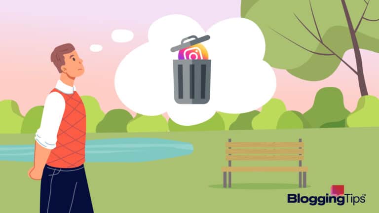vector graphic showing an illustration of a man thinking if he should delete Instagram
