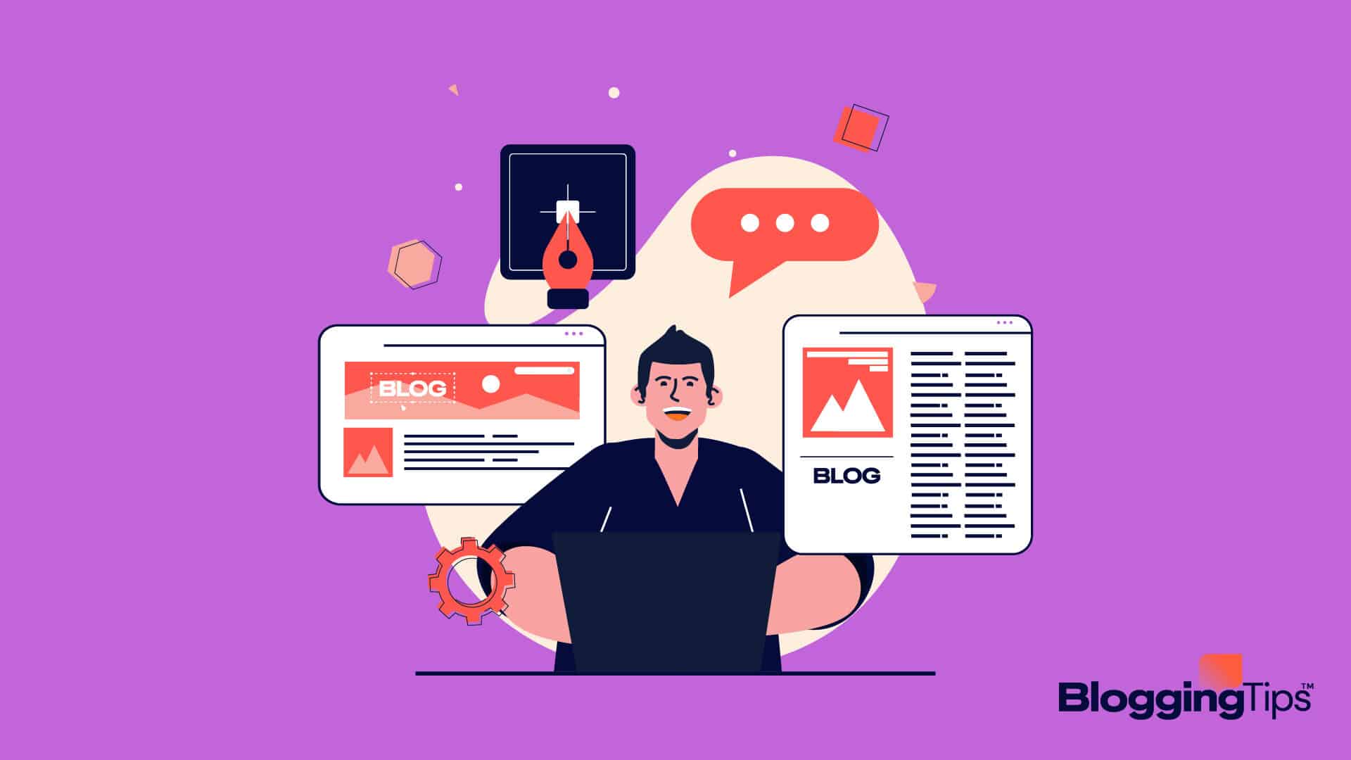 vector graphic showing an illustration of a man surrounded by graphics that are related to blog taglines