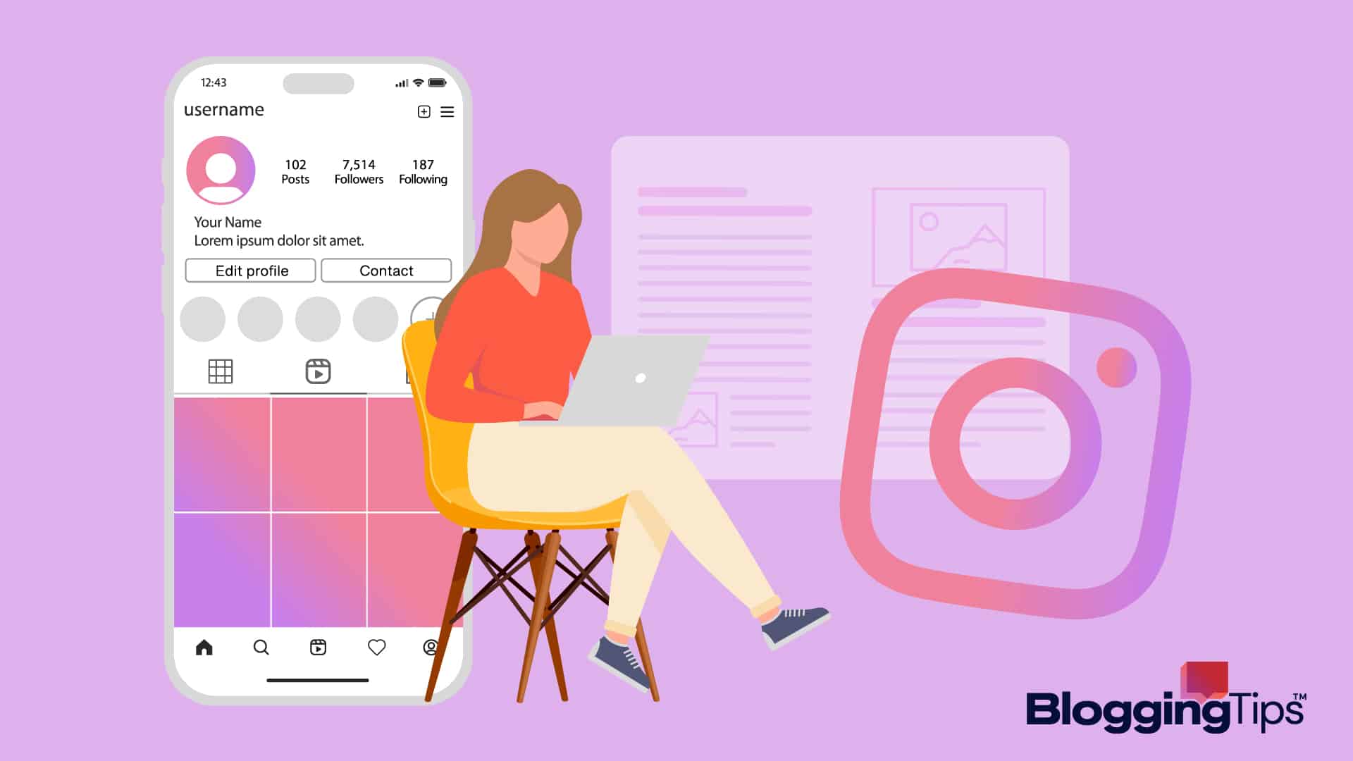 vector graphic showing an illustration of a woman learning how to start a blog on instagram